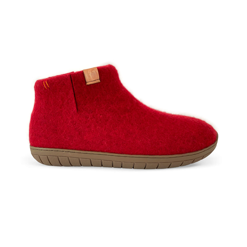 Wool Bootie with Rubber Sole and Arch Support - Red