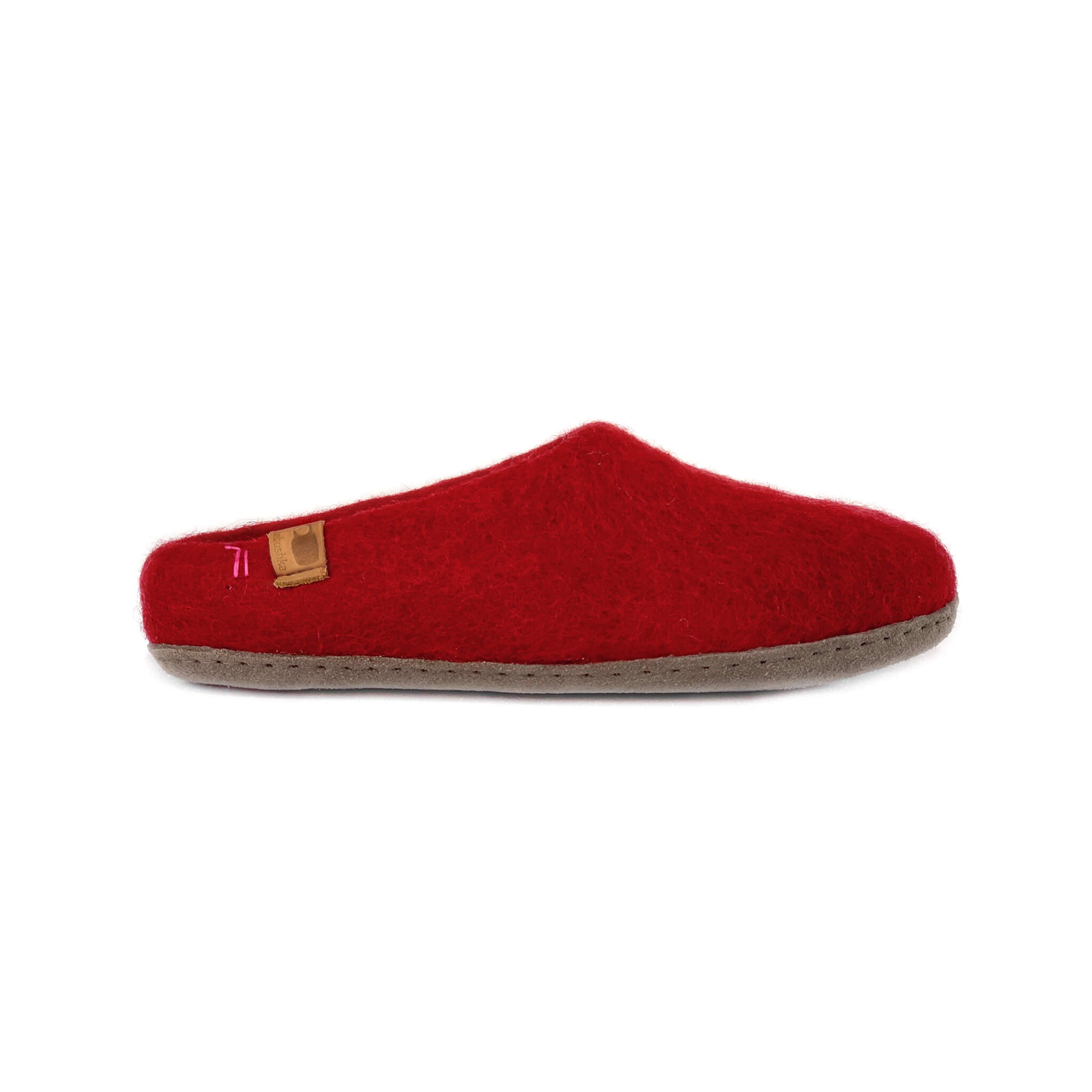 Product photo of Baabushka's red slipper with leather sole.