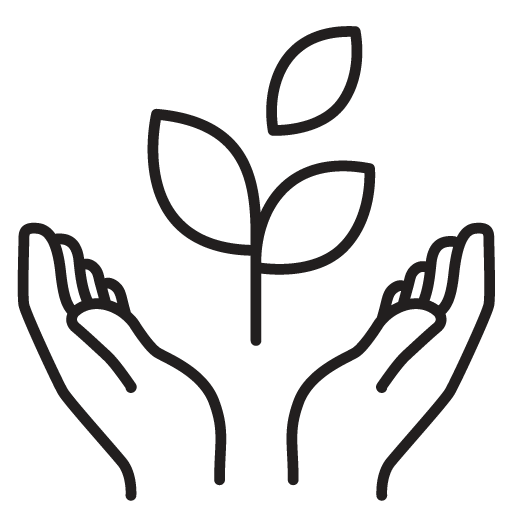 Icon of a pair of hands encompassing a branch with leaves, reflecting the eco-friendly goals of Baabushka.