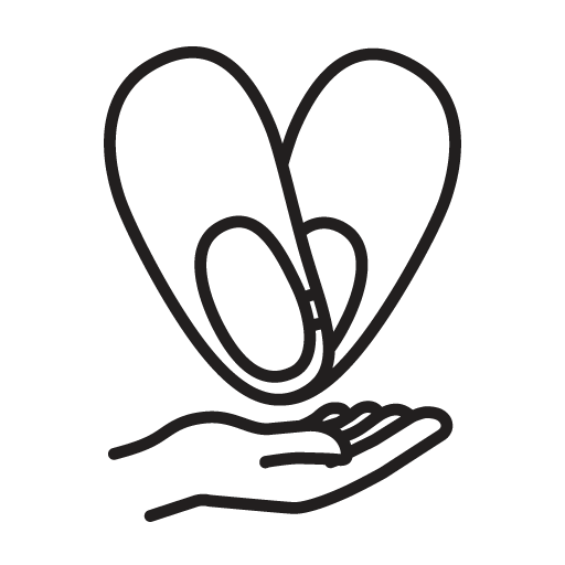 Icon of a pair of slippers floating above a hand, the pair overlayed to resemble a heart, reflecting on the care and craftsmanship of Baabushka's artisans.