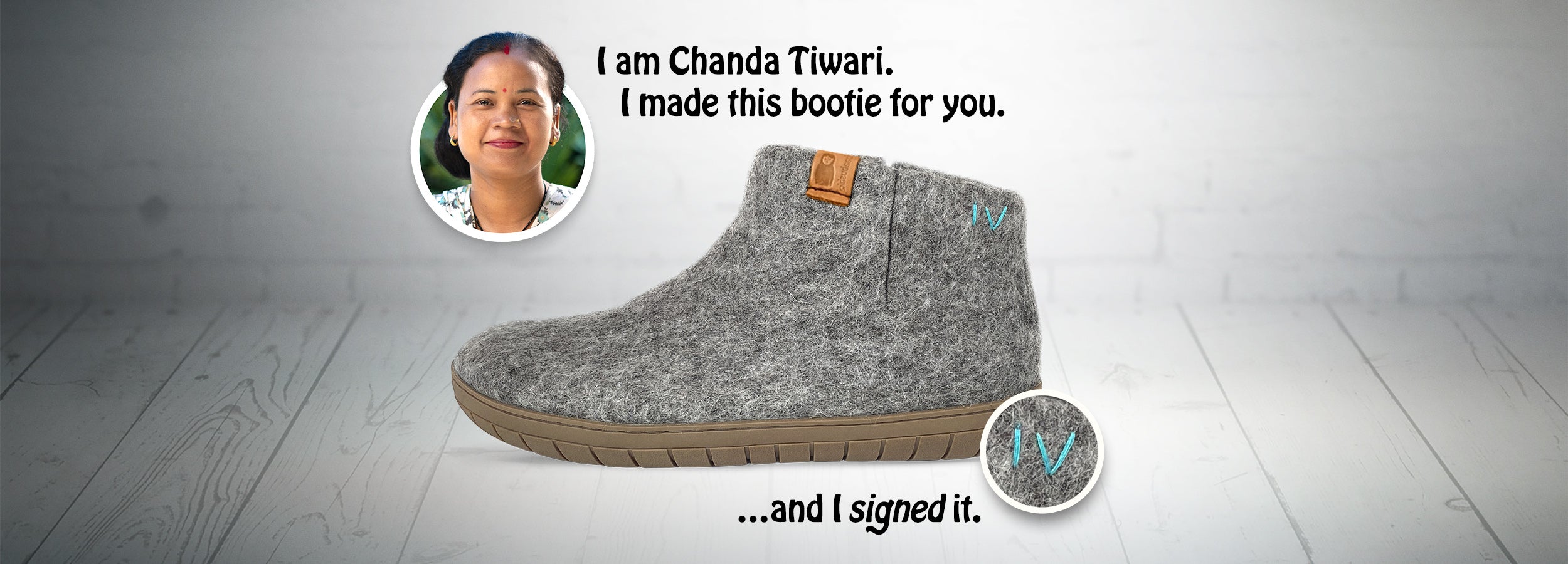 An image promoting one of Baabushka's talented artisans, Chanda, showing her signature stitch on her handmade pair of rubber-soled booties.