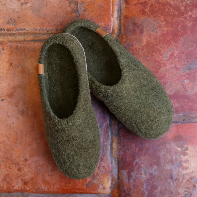 Wool Slipper with Leather Sole - Olive