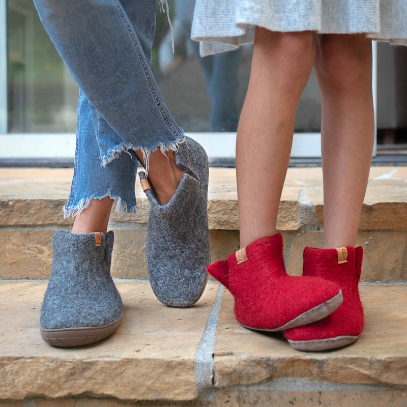 Baabushka felted wool is gentle on your feet —naturally insulating, yet allowing your skin to breathe— so you can enjoy wearing your Baabushka slippers year-round