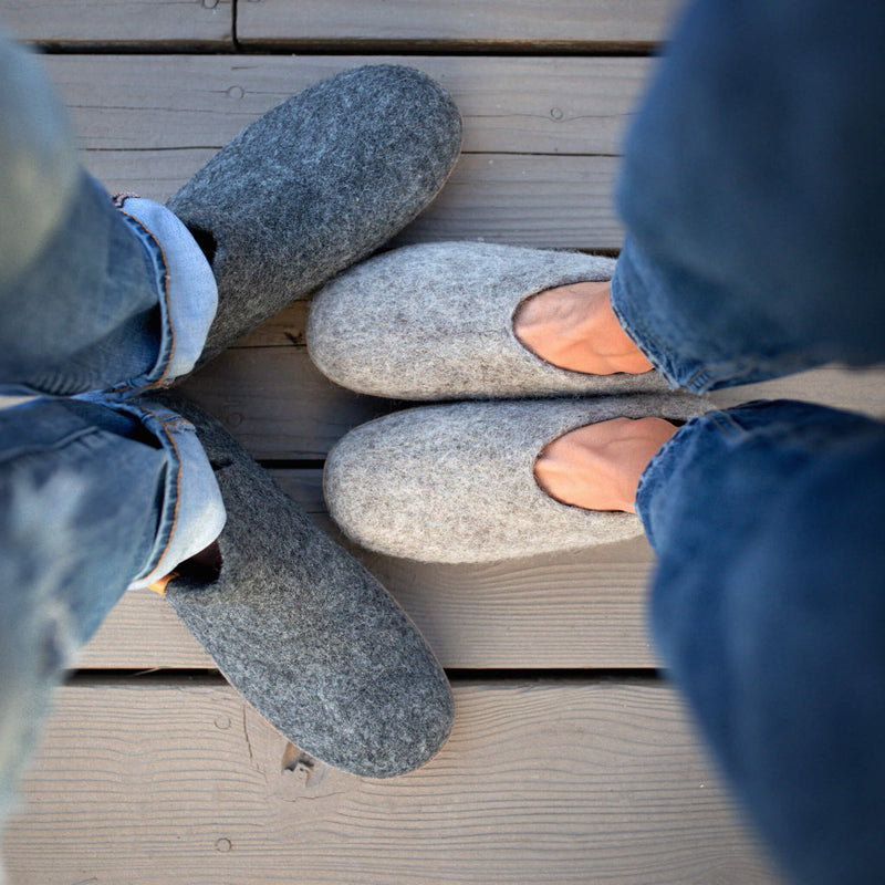 Wool Slipper with Rubber Sole and Arch Support - Light Gray