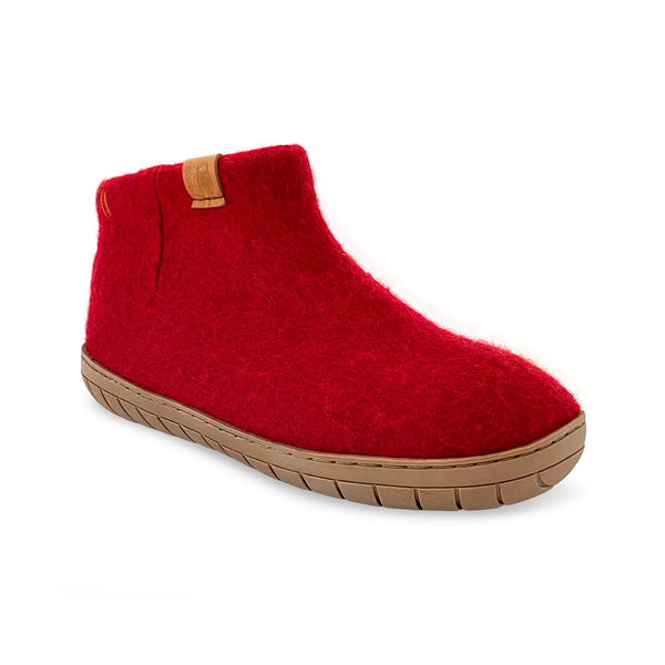 Wool Bootie with Rubber Sole and Arch Support - Red