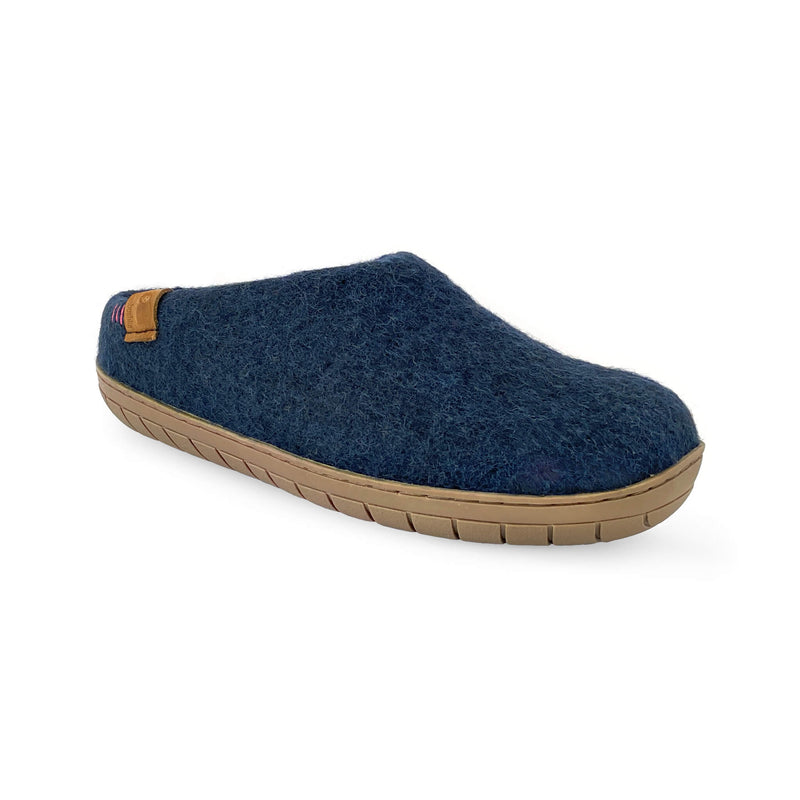 Wool Slipper with Rubber Sole and Arch Support - Navy