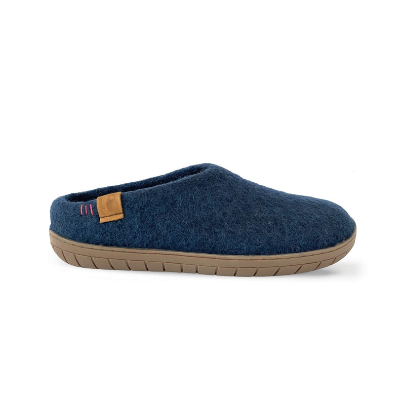 Wool Slipper with Rubber Sole and Arch Support - Navy