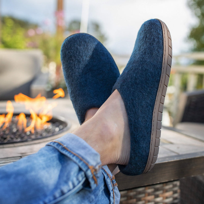 Wool Slipper with Rubber Sole and Arch Support - Navy