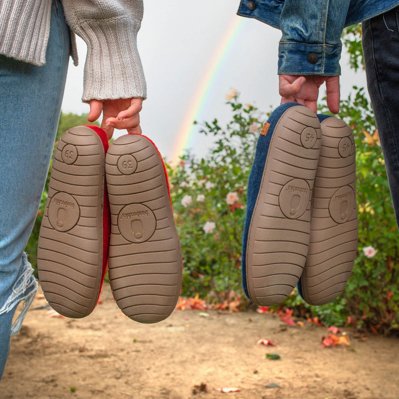 Wool Slipper with Rubber Sole and Arch Support - Navy