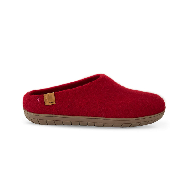 Wool Slipper with Rubber Sole and Arch Support - Red