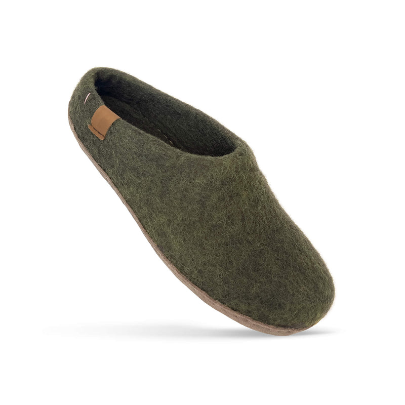 Wool Slipper with Leather Sole Olive Baabushka