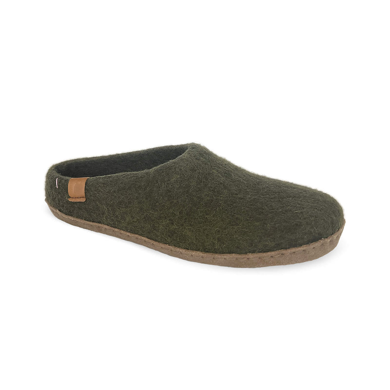 Wool Slipper with Leather Sole - Olive