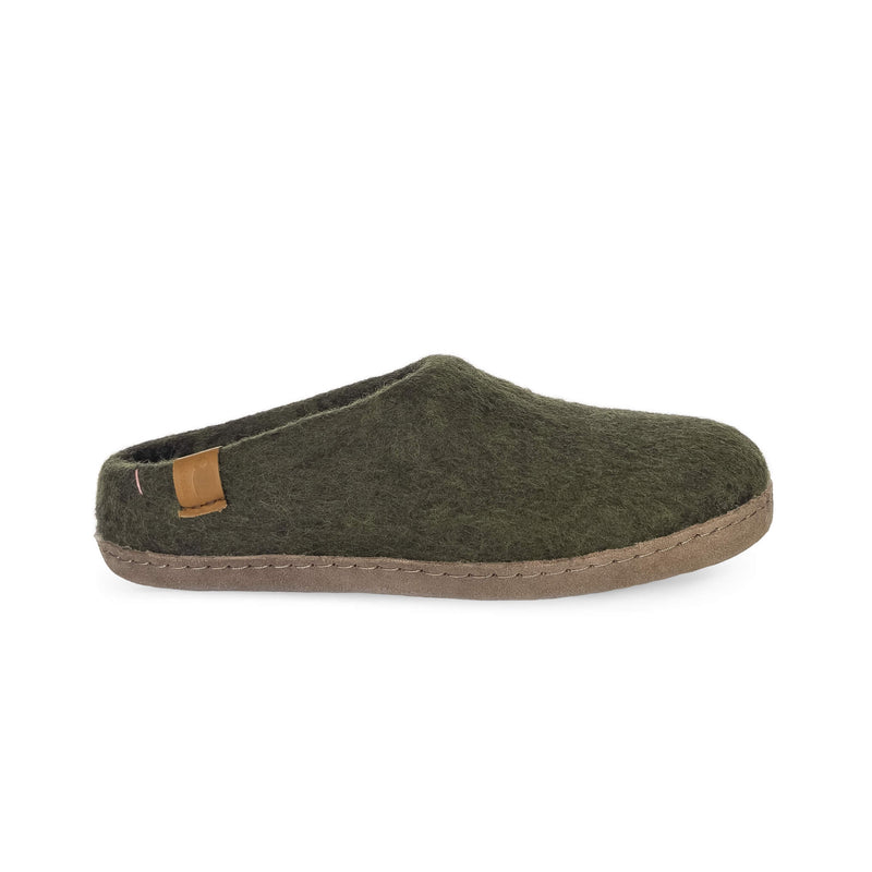 Wool Slipper with Leather Sole - Olive