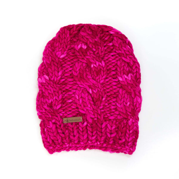 Women's Chunky Cable Knit Merino Wool Beanie - Fuchsia