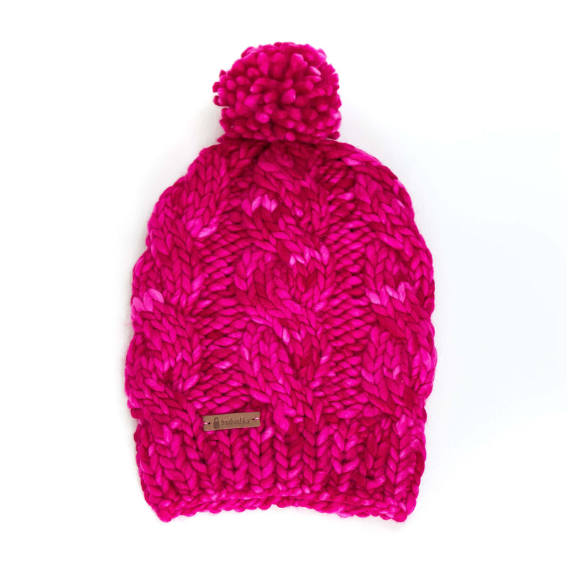 Women's Chunky Cable Knit Merino Wool Beanie - Fuchsia
