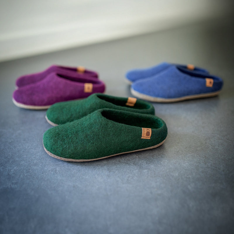 Wool Slipper with Leather Sole - Forest Green