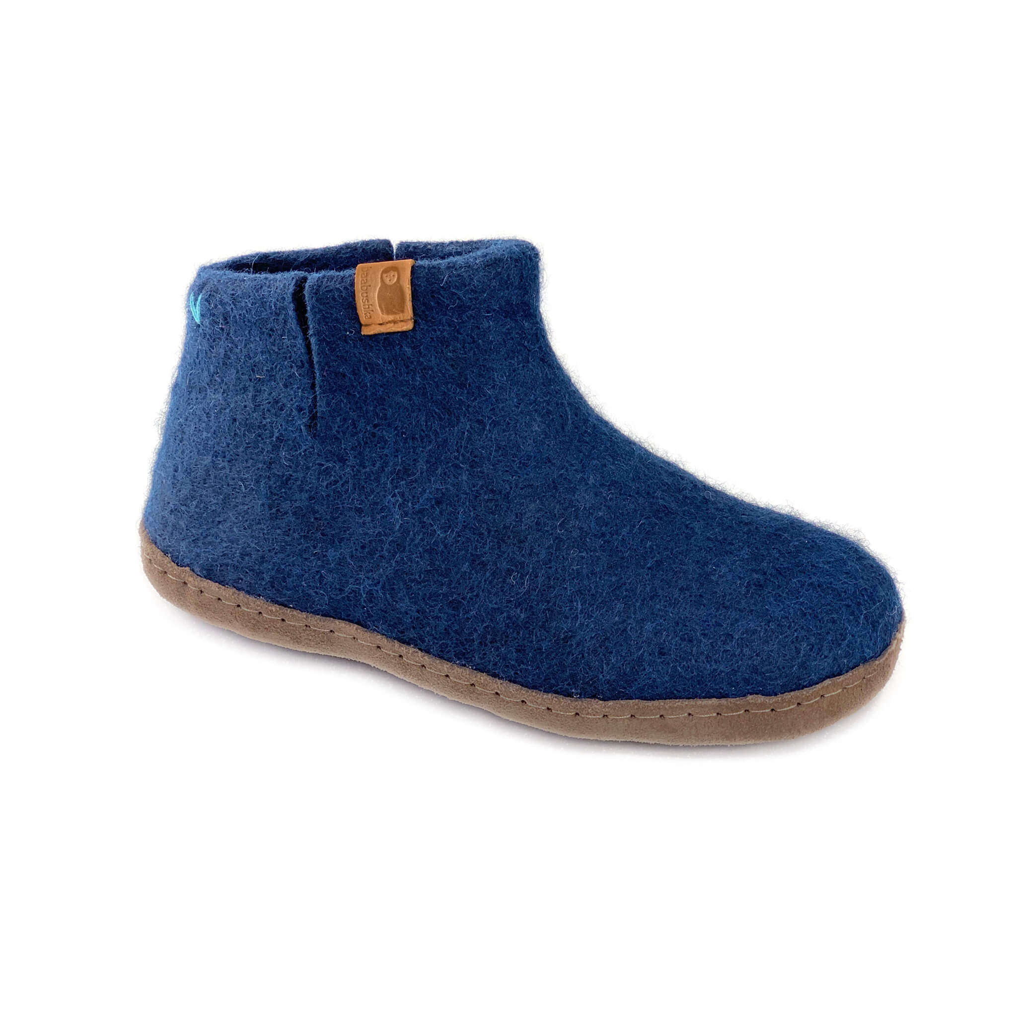 Product photo of Baabushka's dark blue bootie with leather sole.