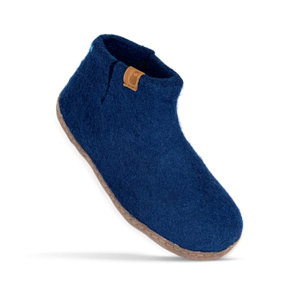 Product photo of Baabushka's dark blue bootie with leather sole.
