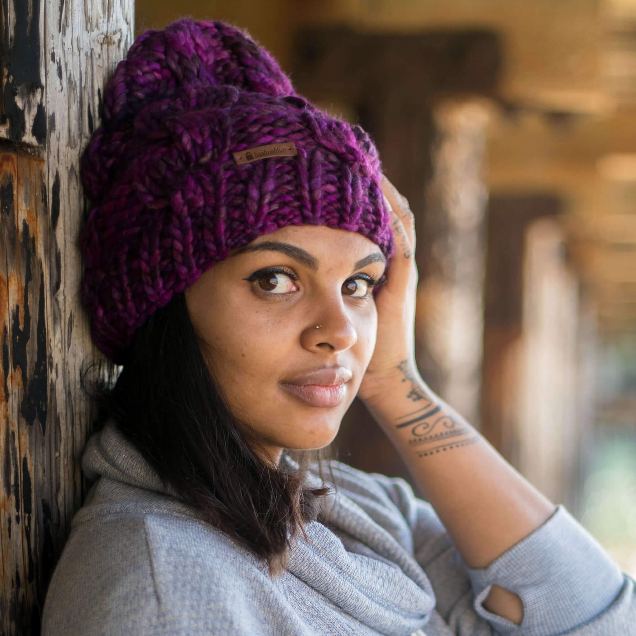 Women's Chunky Cable Knit Merino Wool Beanie - Sangria