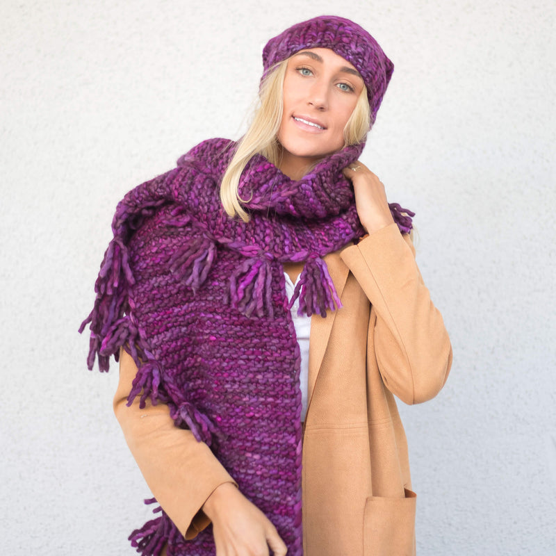 Women's Oversized Merino Wool Shawl with Tassles - Sangria