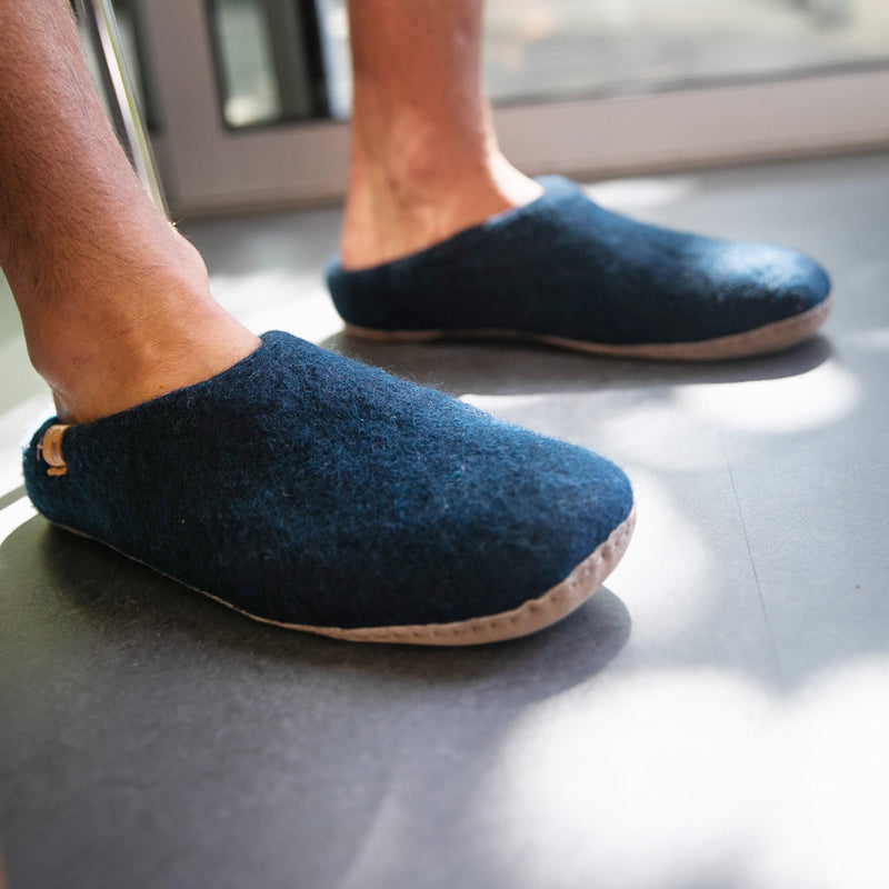 Wool Slipper with Leather Sole - Navy