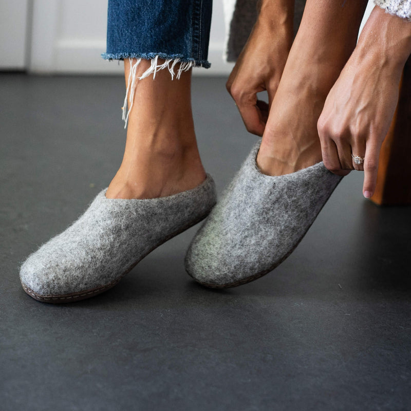 Wool Slipper with Leather Sole - Light Gray